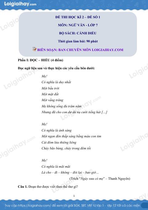 Đề thi học kì 2 Văn 7 Cánh diều - Đề số 2